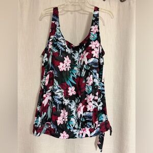 Floral V-Neck Swim Tank Top Rashguard in Black Multi with Flowers Size 24 NEW